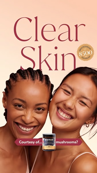 A 9:16 vertical social ad featuring two happy individuals with glowing skin and a clear value proposition focused on mushroom supplement benefits.